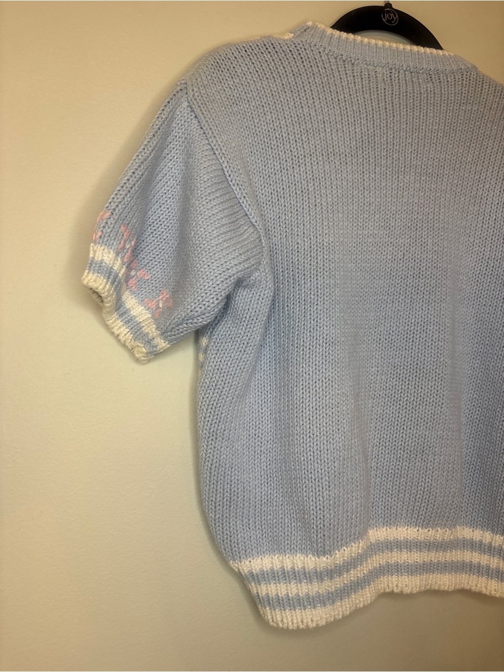 Pastel Blue & White Short-Sleeve Knit Sweater with Pink Accents - Picture 10 of 10